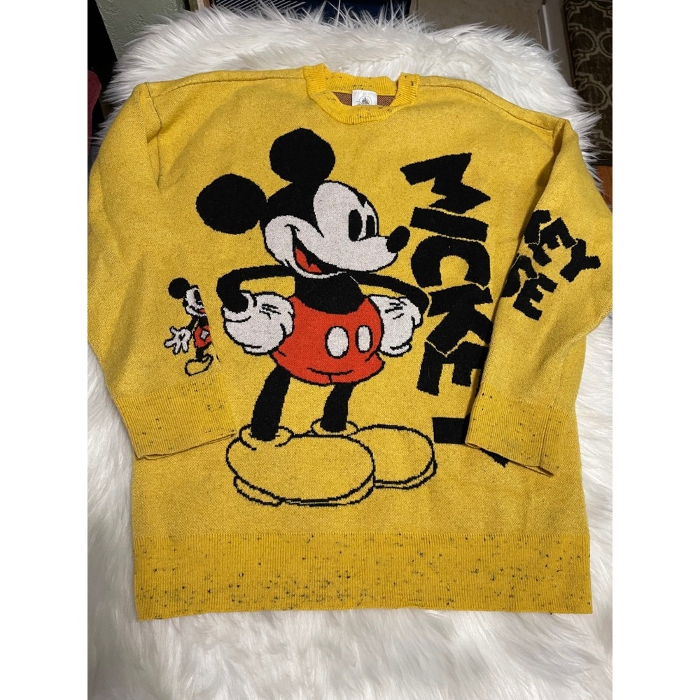Disney Mickey Mouse Yellow Knit Sweater Size XS Graphic Crewneck Pullover Used